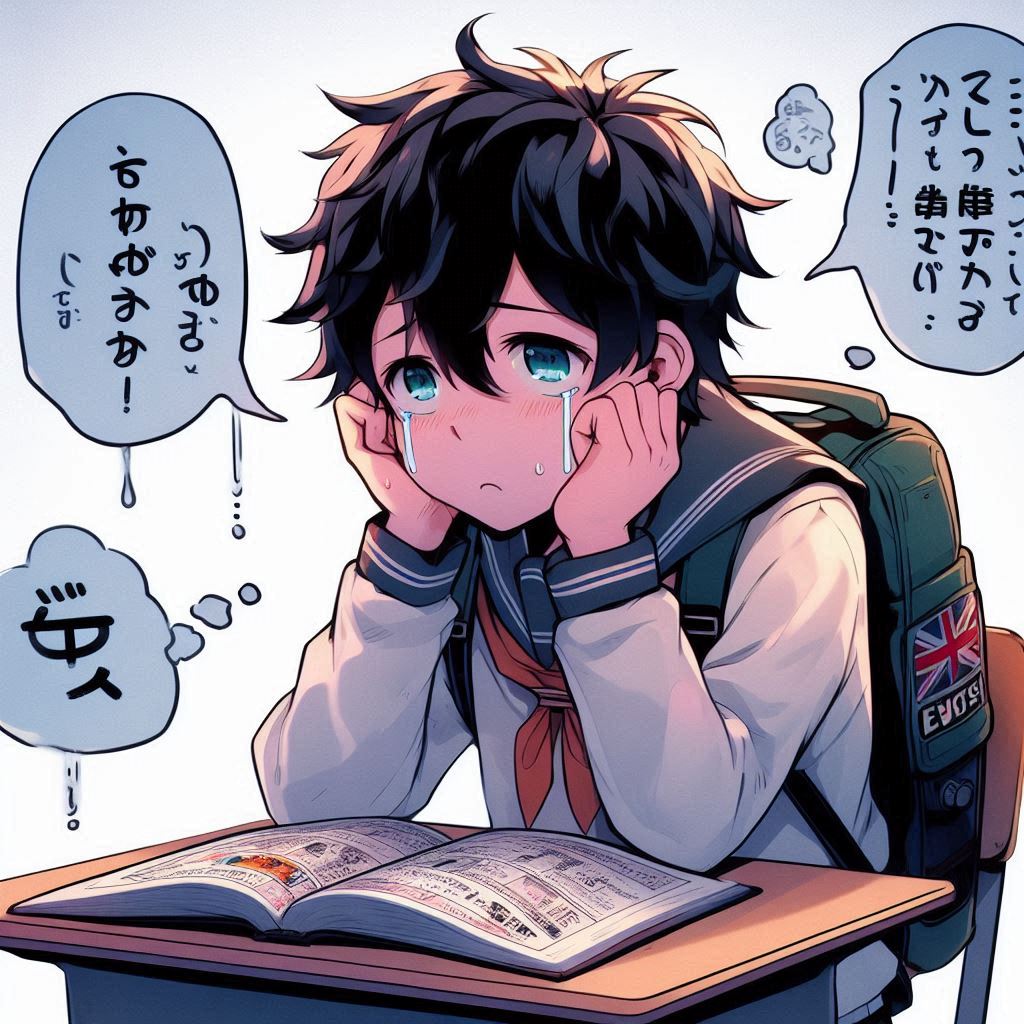 um garoto chorando porque não sabe inglês